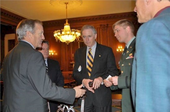 (L to R): Representatives Chet Edwards (D-TX); Chris Smith (R-NJ); Cliff Stearns, (R-FL); an Army Lieutenant who credits energy psychology for his having overcome PTSD; and David Feinstein. 2010.